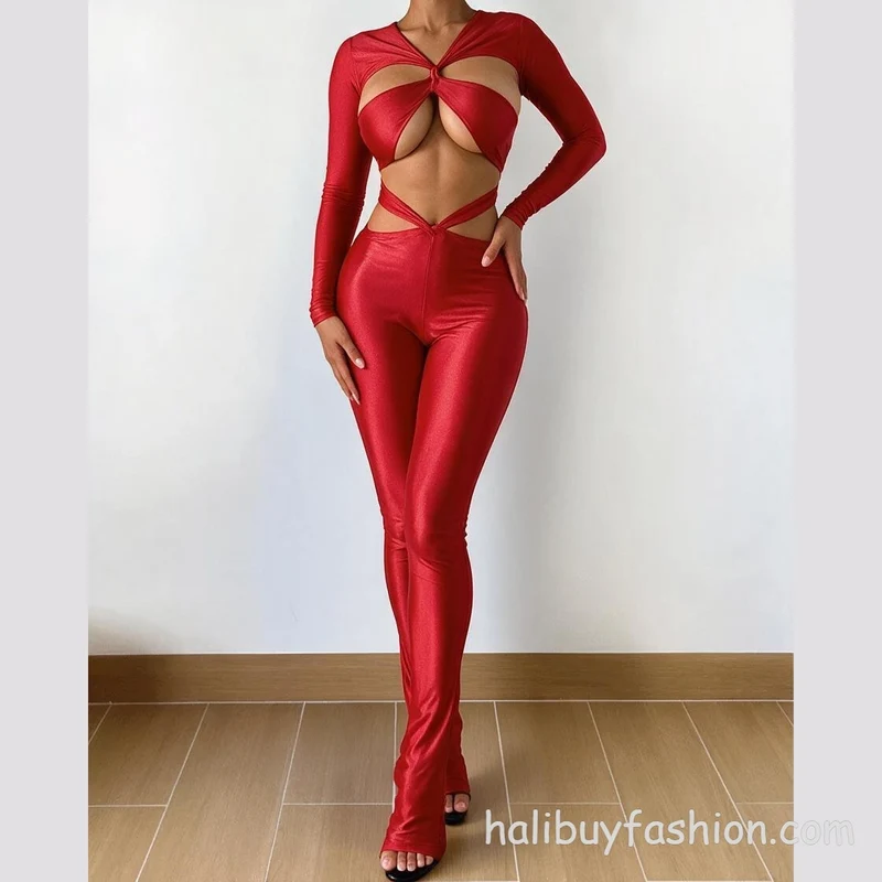 Lace up long sleeve solid backless cut out pant set