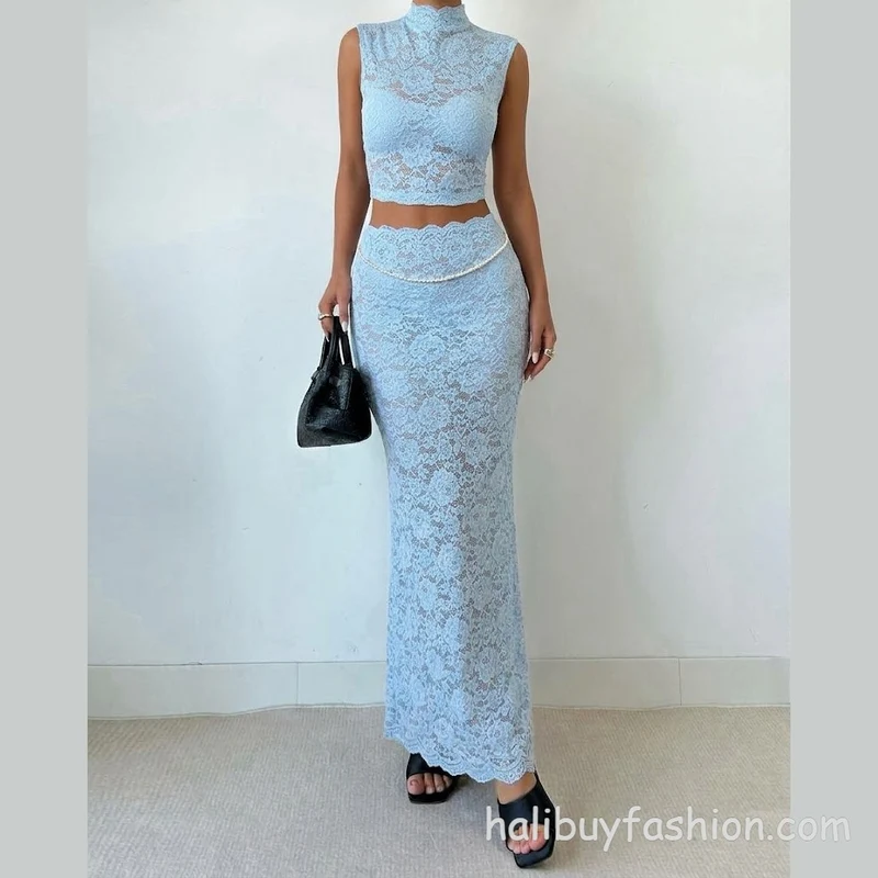 Lace solid high neck sleeveless see through skirt set maxi