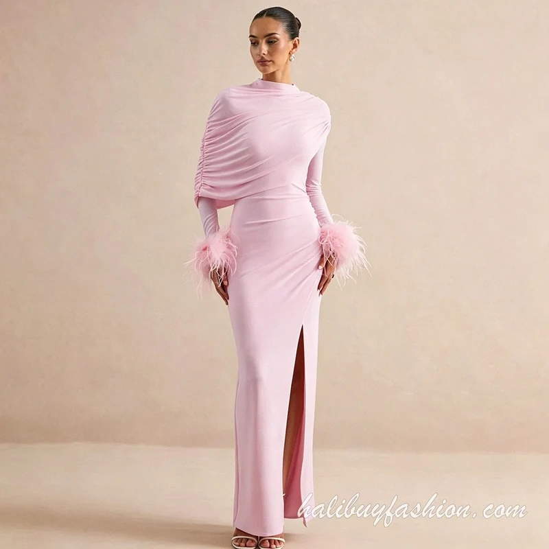 Feather long sleeve high slit solid ruched 2 piece dress maxi
