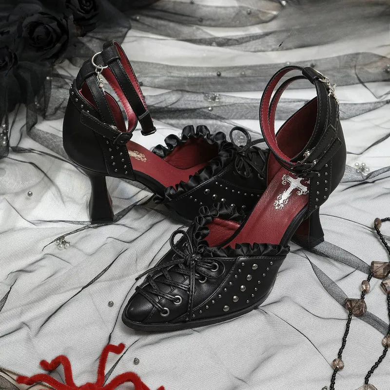 Gothic-Stilettos für Damen mit Nieten, Rüschen, Schnürung und Knöchelriemen