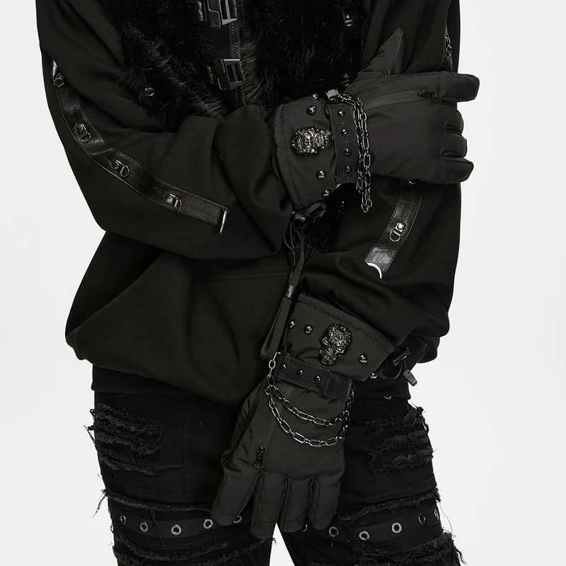 Herren-Techwear-Handschuhe mit Totenkopfkette und Nieten