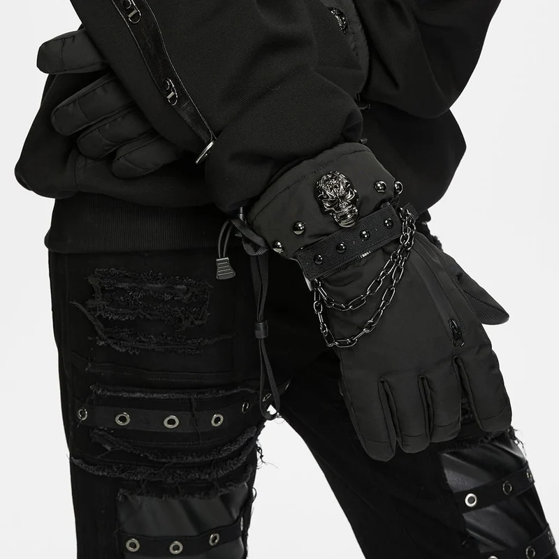 Herren-Techwear-Handschuhe mit Totenkopfkette und Nieten