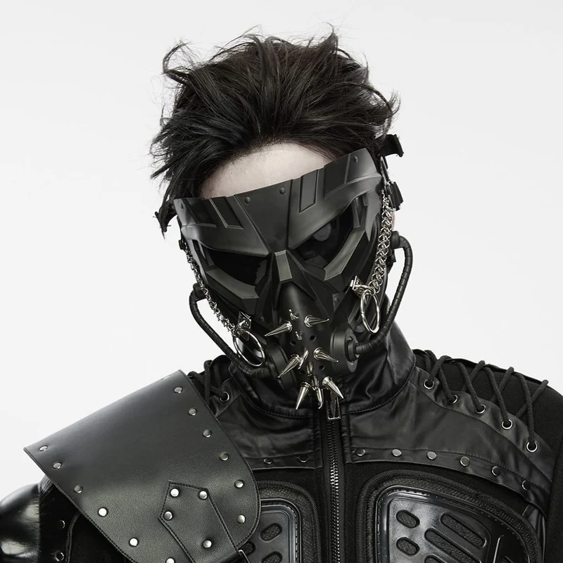 Herren-Cyberpunk-Maske mit Stachelkette und Ring