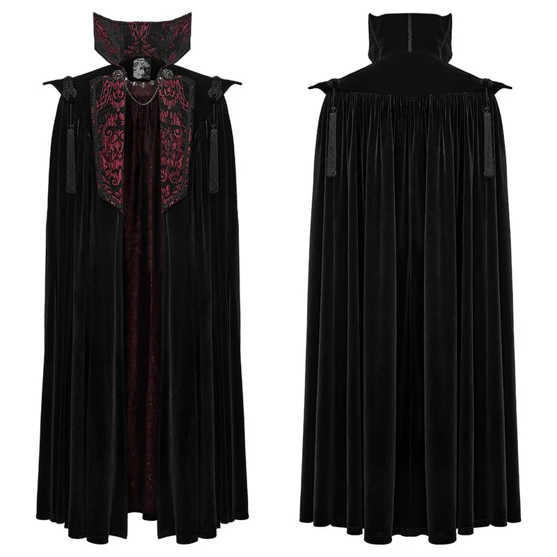 Gothic-Samtmantel für Herren mit Stehkragen und Kette, lang, schwarz-rot