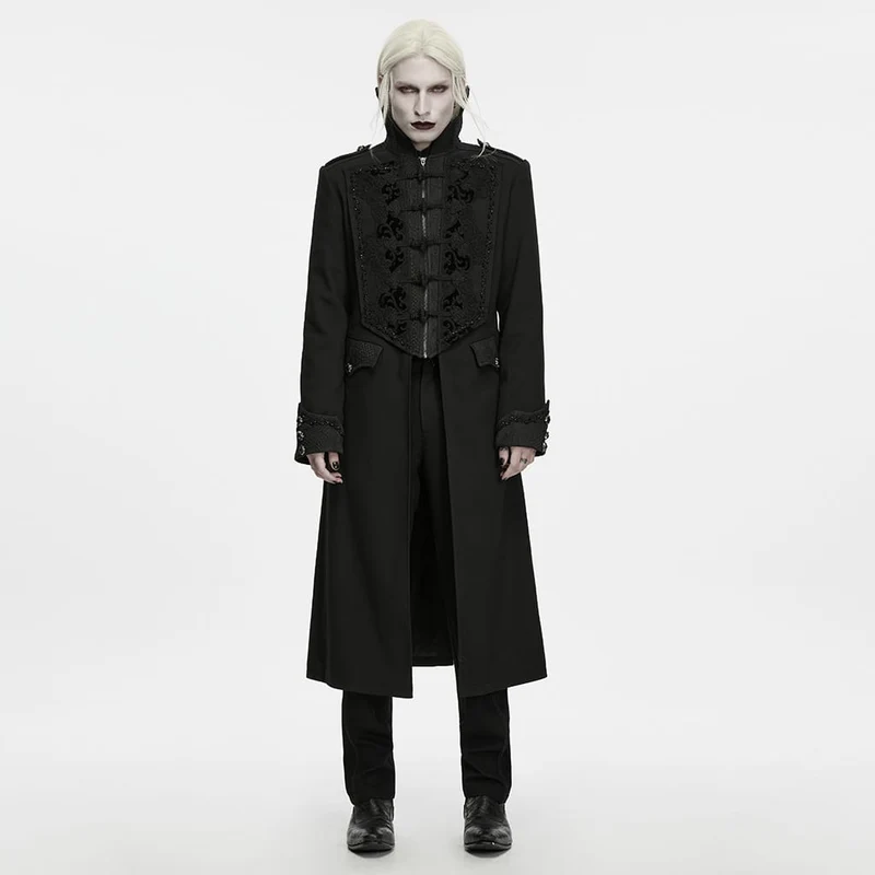 Gothic-Herrenjacke mit Stehkragen, Perlenapplikationen und langem Schnitt