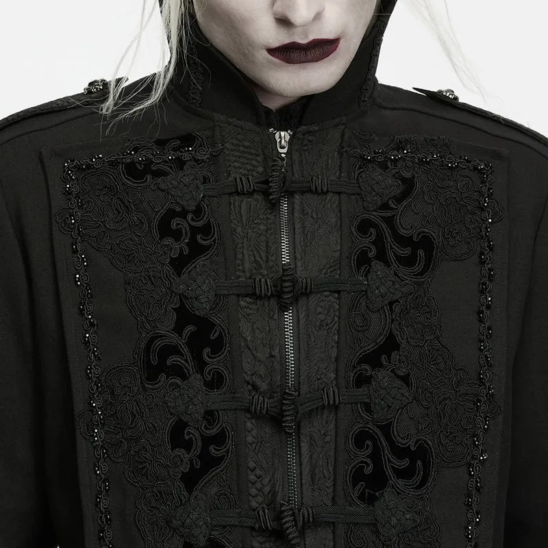 Gothic-Herrenjacke mit Stehkragen, Perlenapplikationen und langem Schnitt