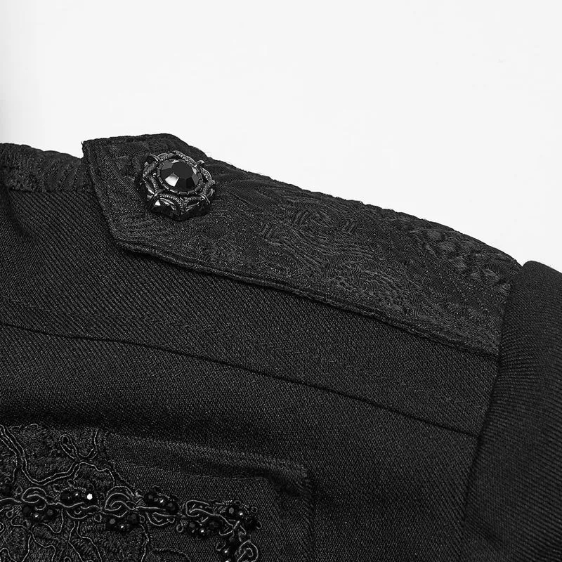 Gothic-Herrenjacke mit Stehkragen, Perlenapplikationen und langem Schnitt