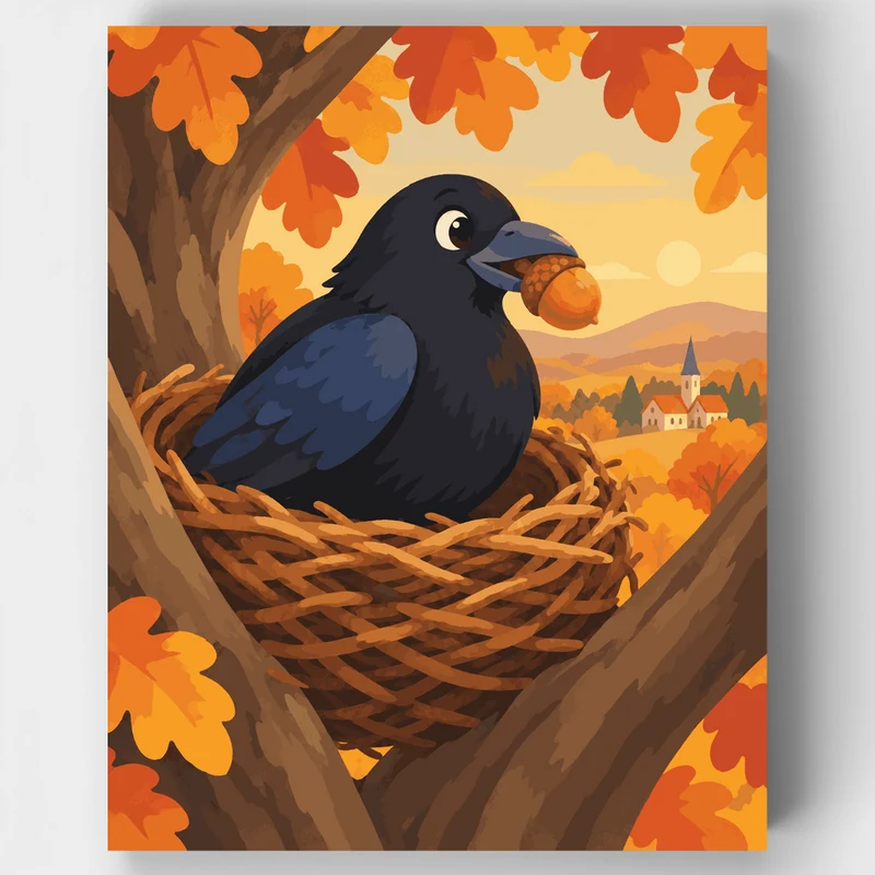 Crow with Acorn in Autumn Nest - Paint by Numbers Kit