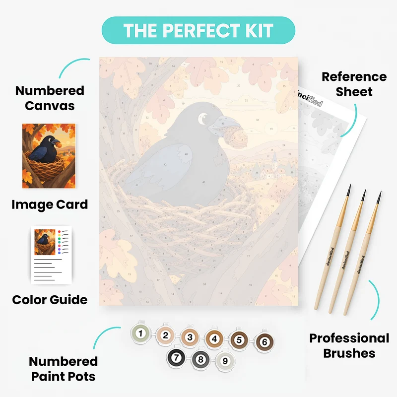 Crow with Acorn in Autumn Nest - Paint by Numbers Kit