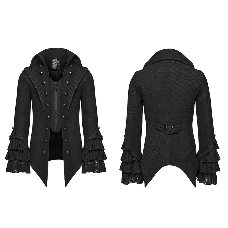 Gothic-Herrenjacke mit geprägtem Knopfdekor, Rüschenmanschetten und Reversverzierung.