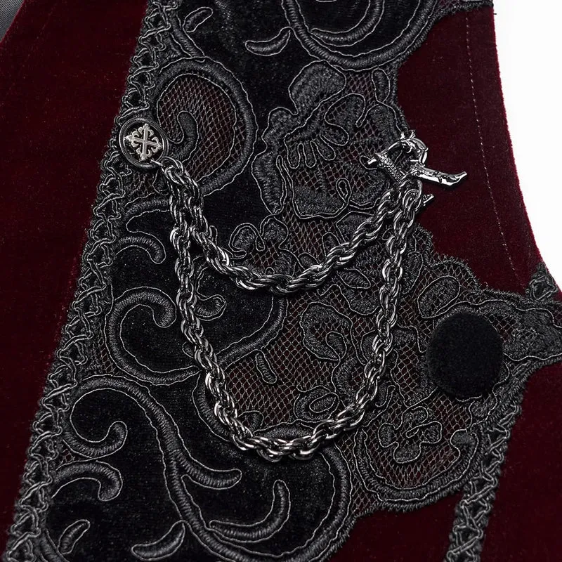 Herren-Gothic-Weste mit Applikationen, Kettenmuster und Frontreißverschluss, Rot