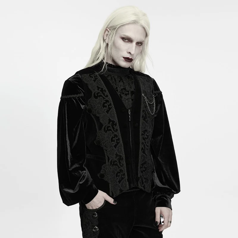 Schwarze Herrenweste im Gothic-Stil mit Applikationen, Kettenmuster und Frontreißverschluss