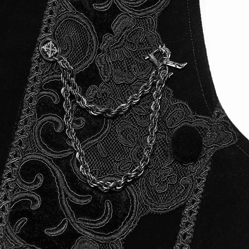 Schwarze Herrenweste im Gothic-Stil mit Applikationen, Kettenmuster und Frontreißverschluss