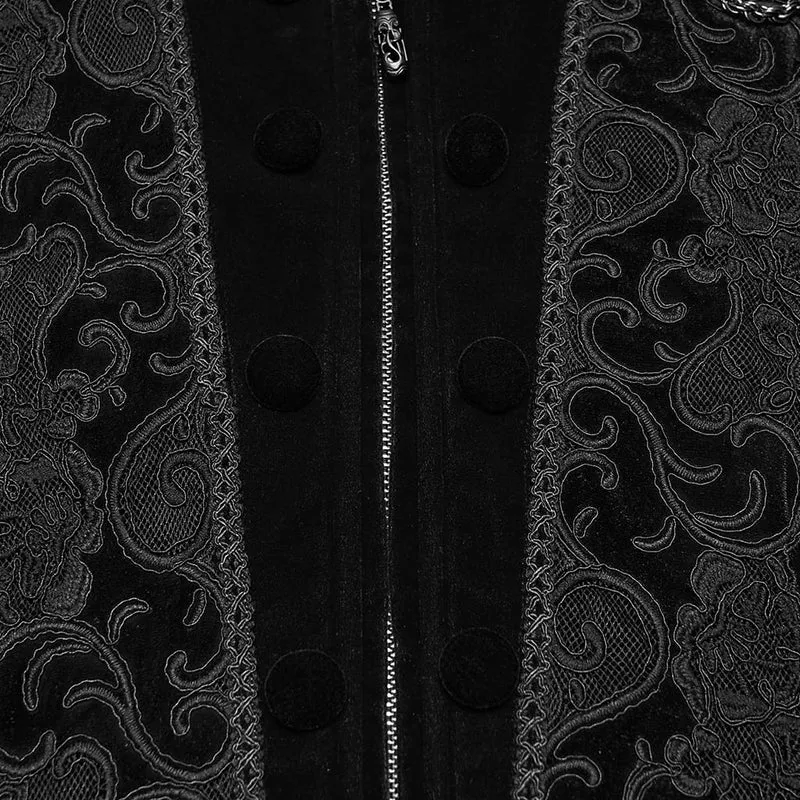 Schwarze Herrenweste im Gothic-Stil mit Applikationen, Kettenmuster und Frontreißverschluss
