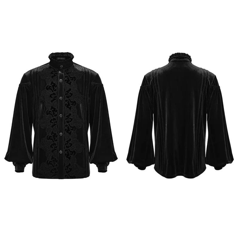 Schwarzes Herrenhemd aus schwarzem Gothic-Samt mit Rüschen am Stehkragen und Laternenärmeln