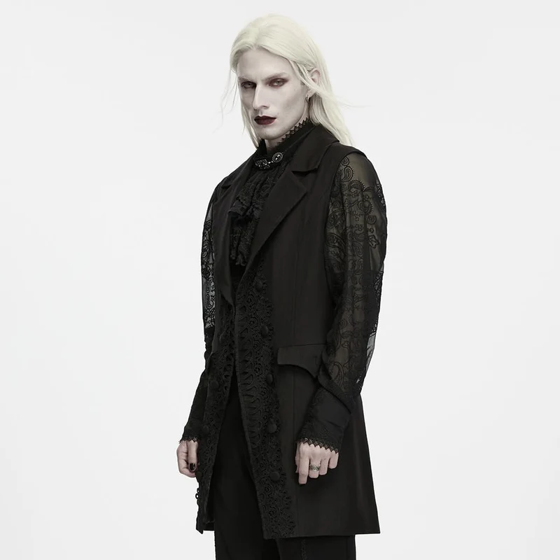 Lange Herrenweste im Gothic-Stil mit Spitzenapplikationen und Revers