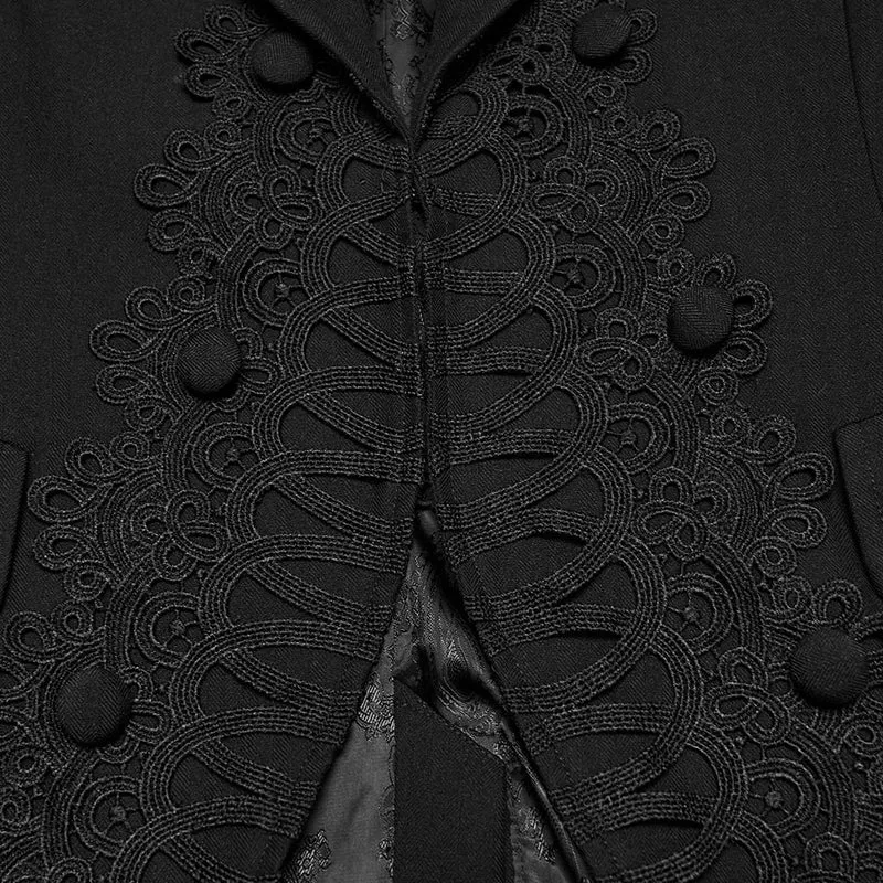 Lange Herrenweste im Gothic-Stil mit Spitzenapplikationen und Revers
