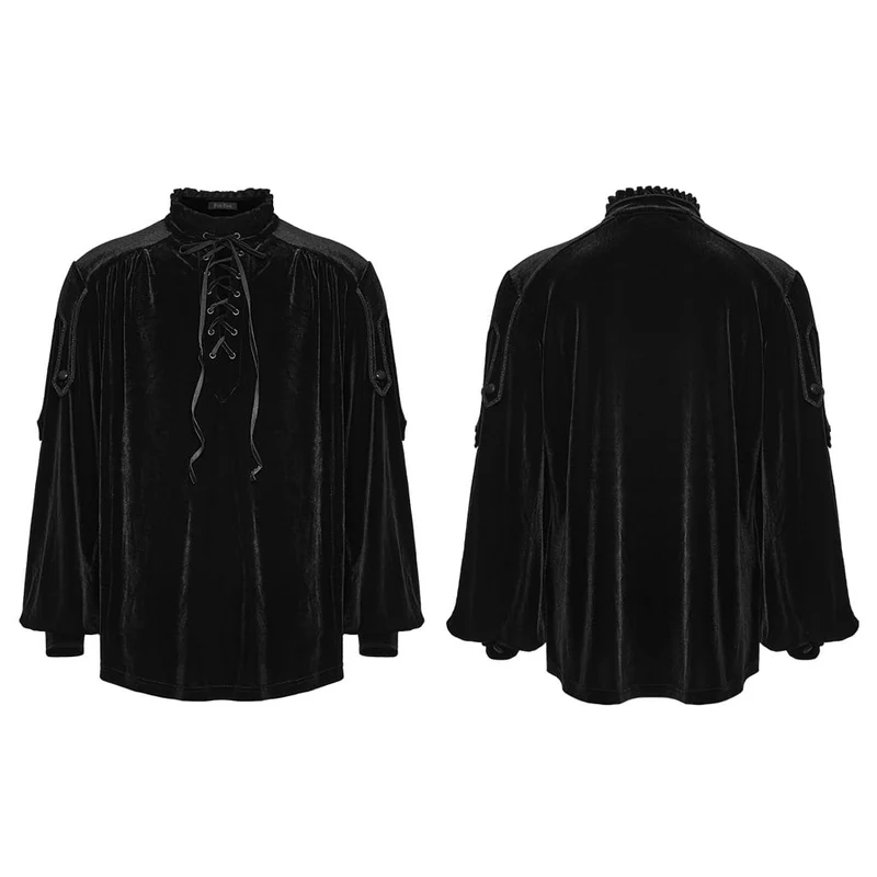 Gothic-Samtoberteil für Herren mit Stehkragen, Schnürung und Laternenärmeln