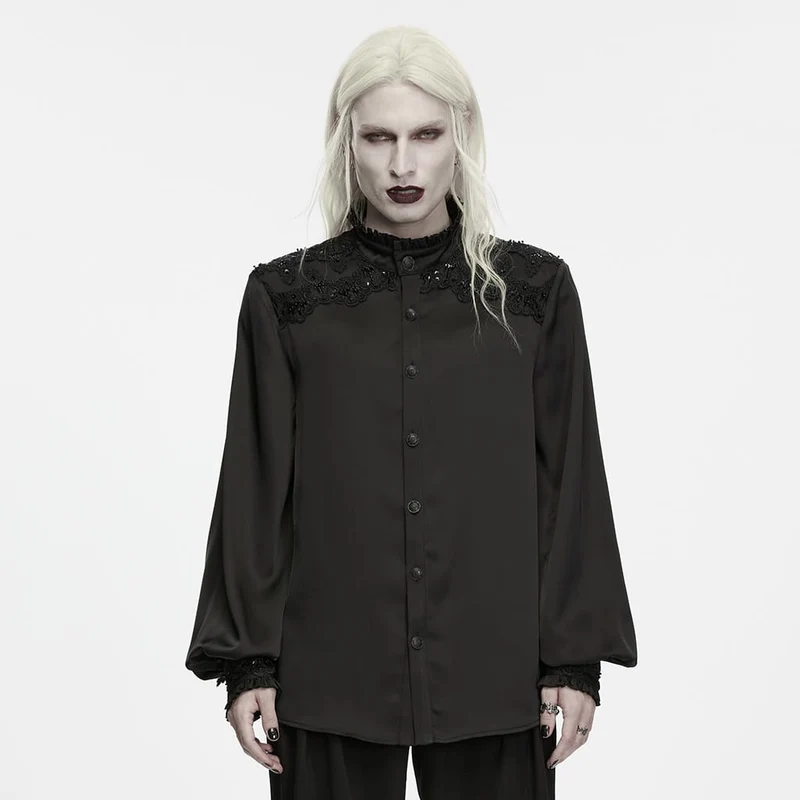 Gothic-Herrenhemd mit Pailletten, Perlen, Spitzenapplikationen und Laternenärmeln