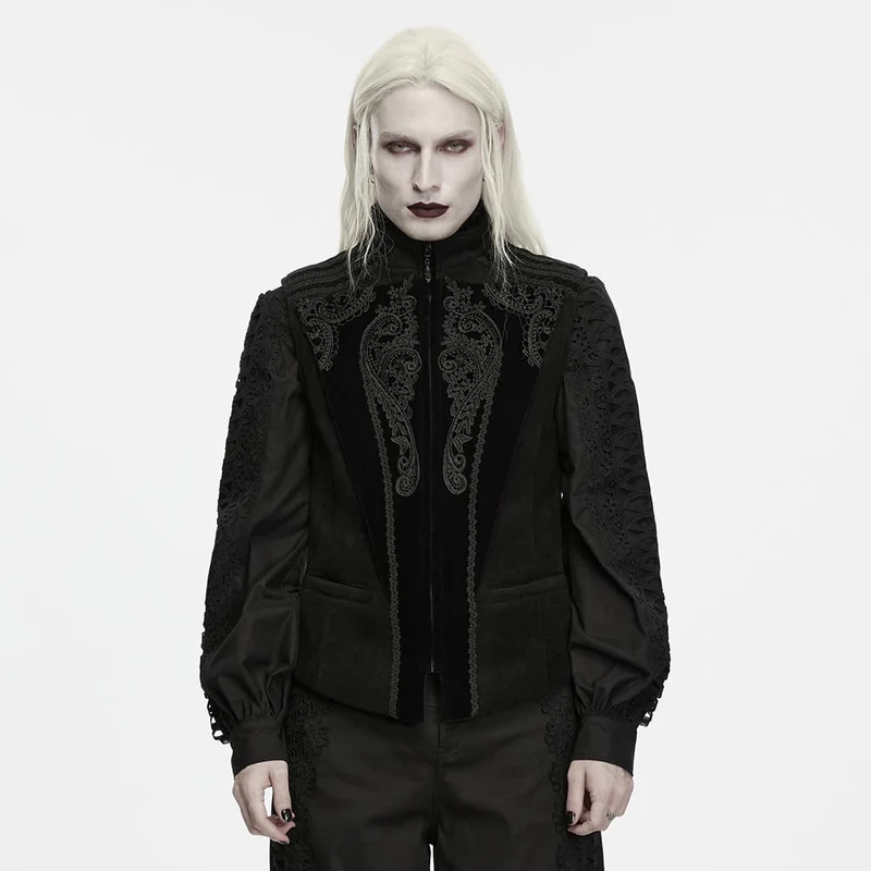 Schwarze Herrenweste im Gothic-Stil mit Spitzenapplikationen, Frontreißverschluss und Stehkragen