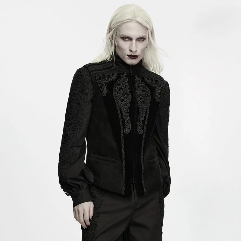Schwarze Herrenweste im Gothic-Stil mit Spitzenapplikationen, Frontreißverschluss und Stehkragen
