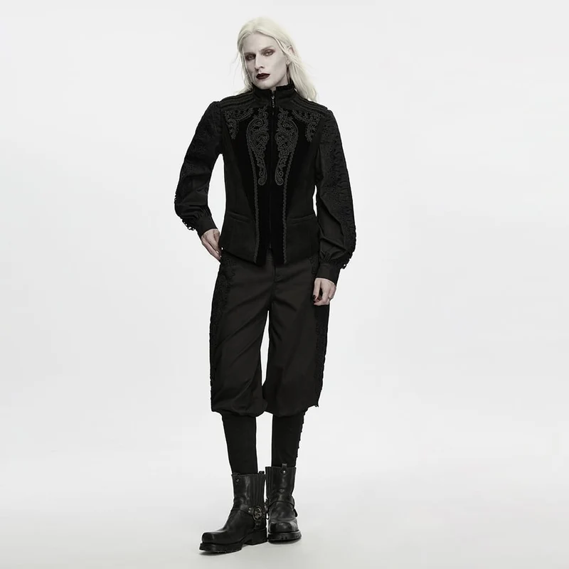 Schwarze Herrenweste im Gothic-Stil mit Spitzenapplikationen, Frontreißverschluss und Stehkragen