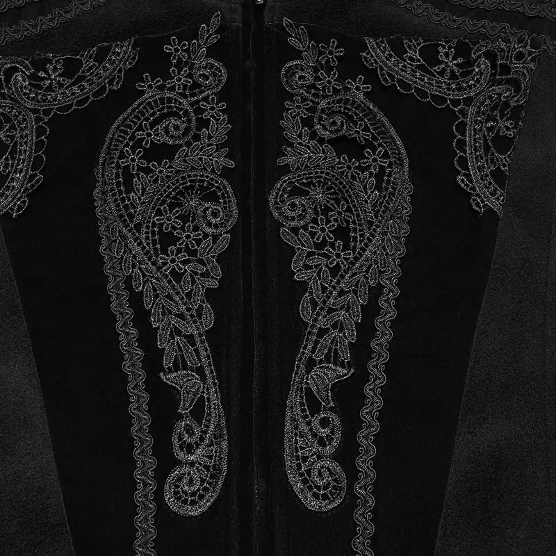 Schwarze Herrenweste im Gothic-Stil mit Spitzenapplikationen, Frontreißverschluss und Stehkragen