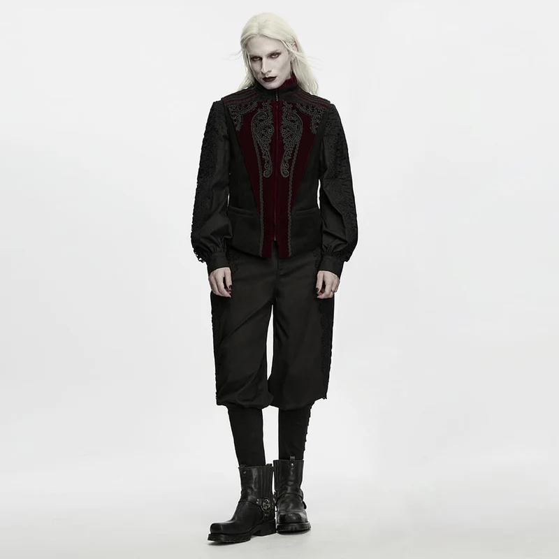 Gothic-Weste für Herren mit Spitzenapplikationen, Frontreißverschluss und Stehkragen, Schwarz-Rot