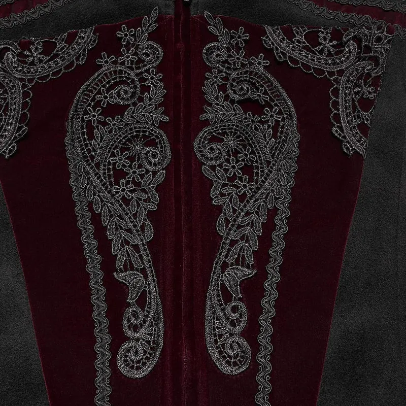 Gothic-Weste für Herren mit Spitzenapplikationen, Frontreißverschluss und Stehkragen, Schwarz-Rot