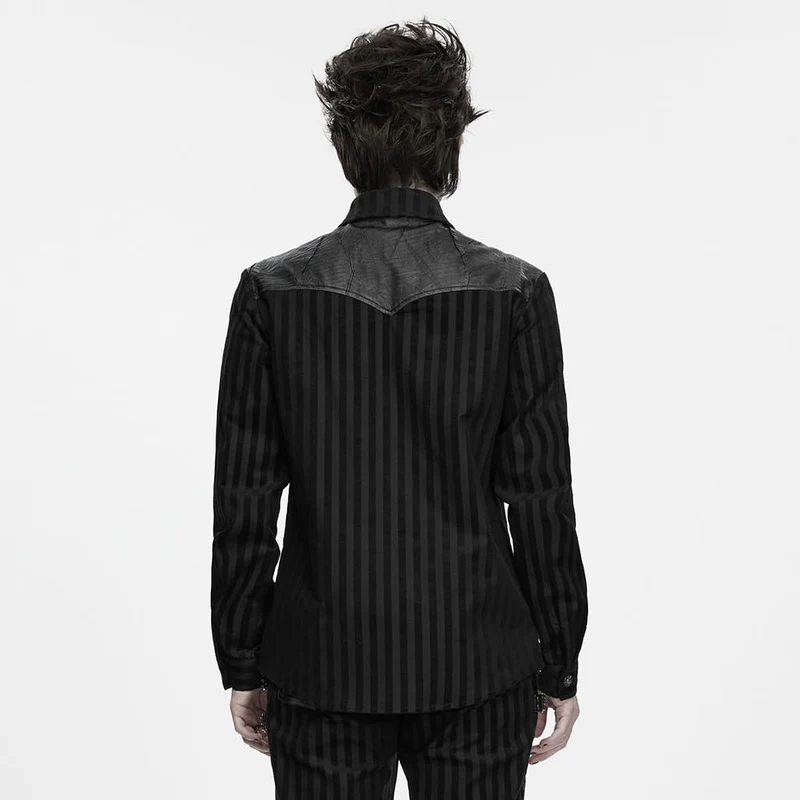 Punk-Streifenhemd für Herren mit Kragen und Patchwork-Details, langärmlig