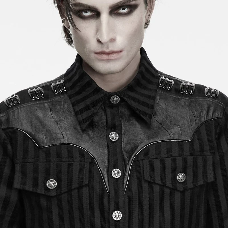 Punk-Streifenhemd für Herren mit Kragen und Patchwork-Details, langärmlig