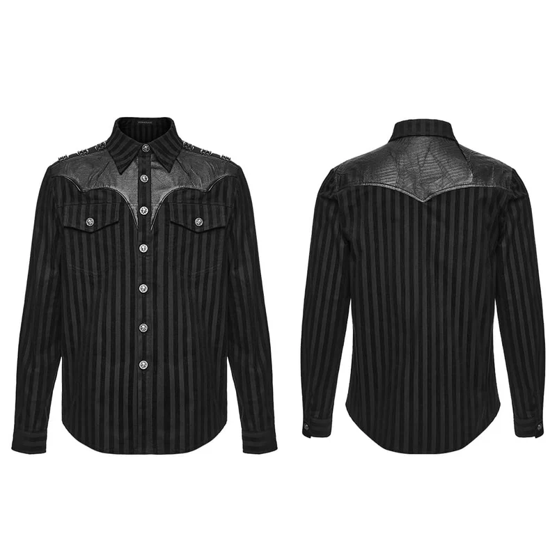 Punk-Streifenhemd für Herren mit Kragen und Patchwork-Details, langärmlig