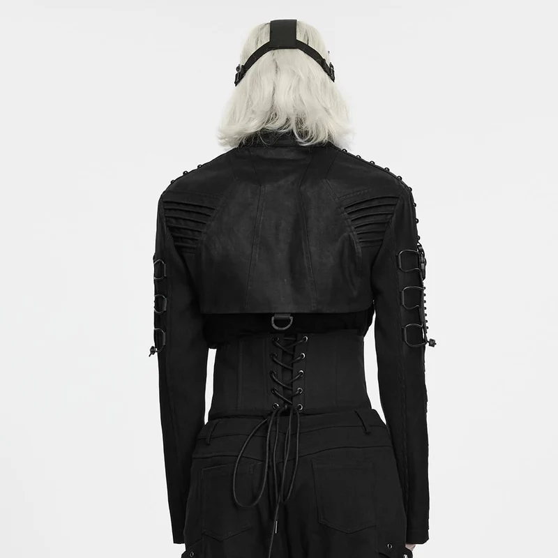 Kurze Herrenjacke im Cyberpunk-Stil mit Nieten, Falten und Stehkragen