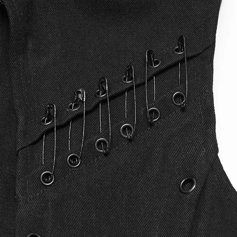 Punk-Weste für Herren mit Ösenkette, Sicherheitsnadel und Stehkragen