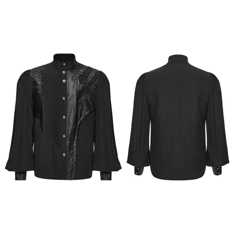 Punk-Herrenhemd mit asymmetrischem Faltenrock, Stehkragen und Bischofsärmeln