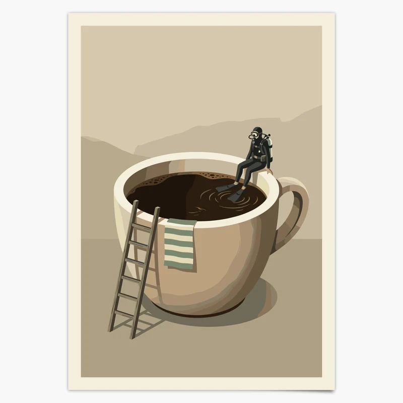Taucher sitzt auf Kaffeetasse - Mid-Century Küchen Kaffee Poster Beige Minimalistisch