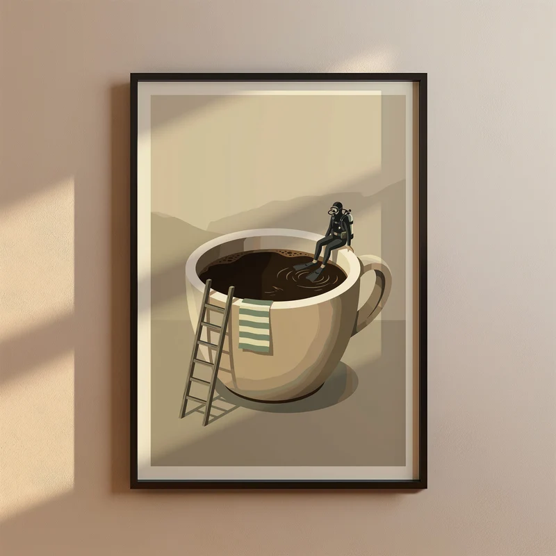 Taucher sitzt auf Kaffeetasse - Mid-Century Küchen Kaffee Poster Beige Minimalistisch
