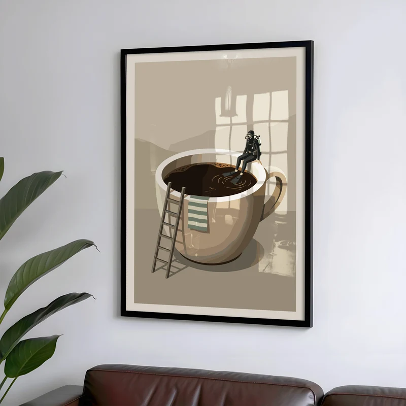 Taucher sitzt auf Kaffeetasse - Mid-Century Küchen Kaffee Poster Beige Minimalistisch