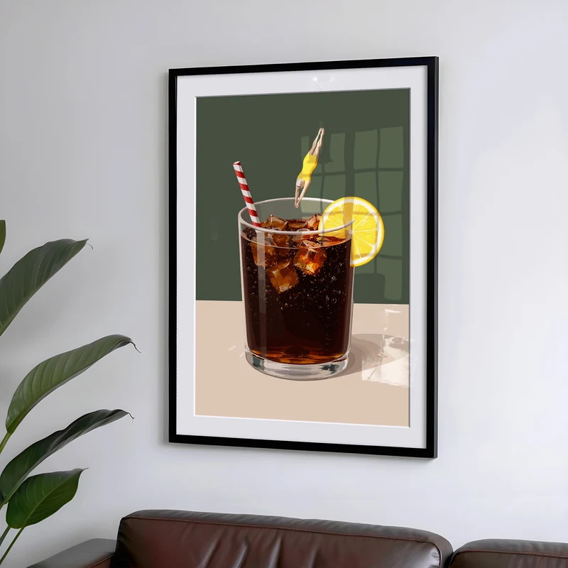 Küchen Vintage Poster - Frau springt in Cola Glas