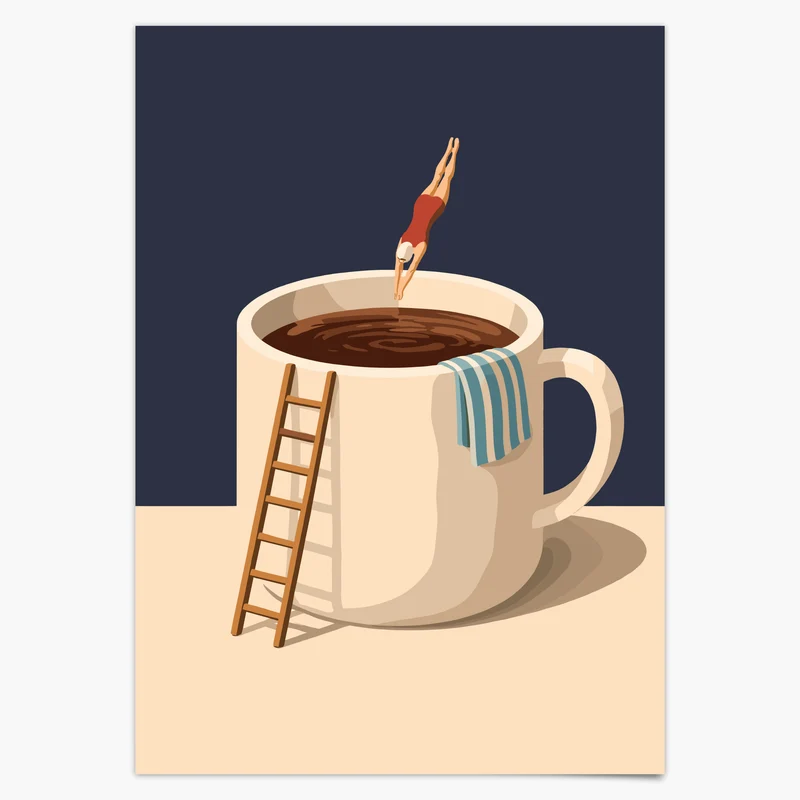 Küchen Kaffee Poster Lustig - Taucher springt in Kaffeebecher