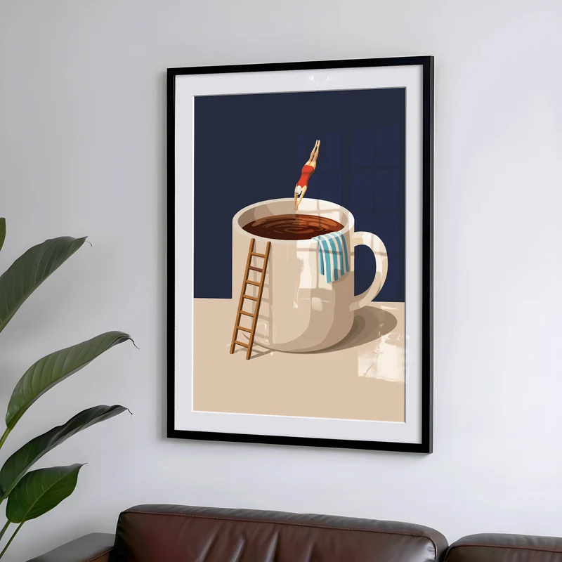 Küchen Kaffee Poster Lustig - Taucher springt in Kaffeebecher