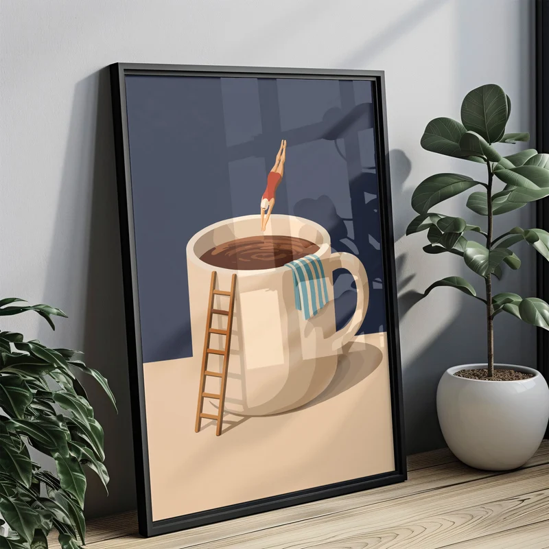 Küchen Kaffee Poster Lustig - Taucher springt in Kaffeebecher