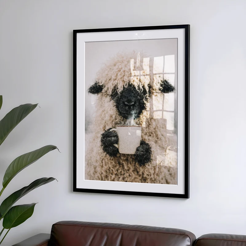 Schaf Trinkt Kaffee Wanddeko für Esszimmer, Küche & Büro