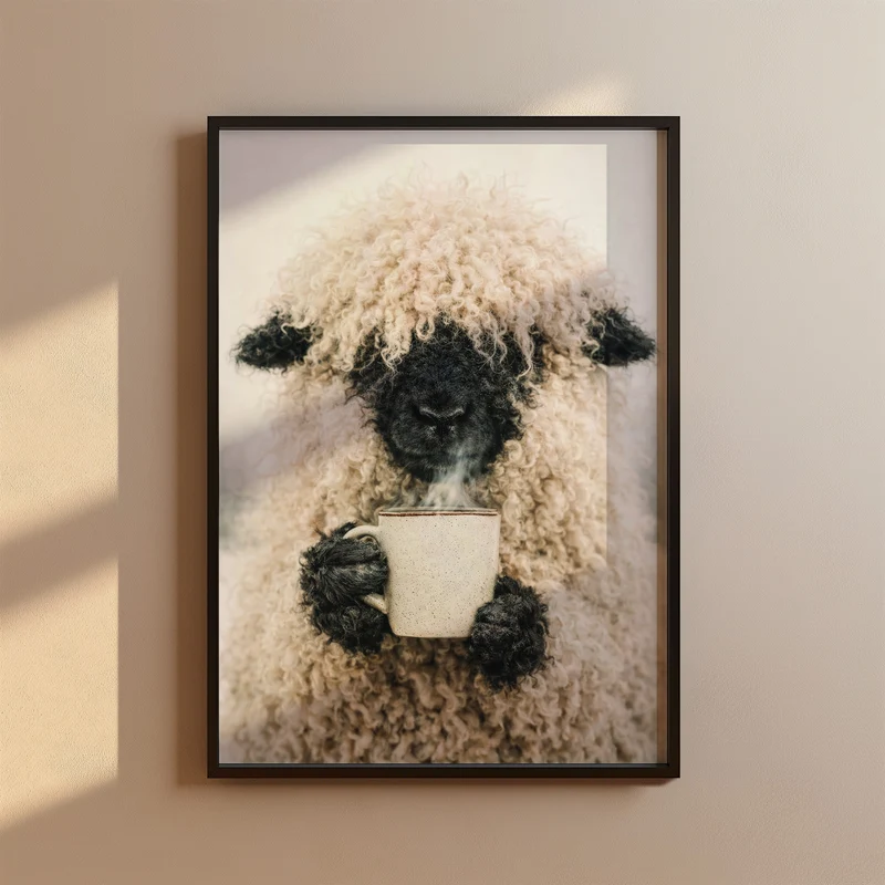 Schaf Trinkt Kaffee Wanddeko für Esszimmer, Küche & Büro