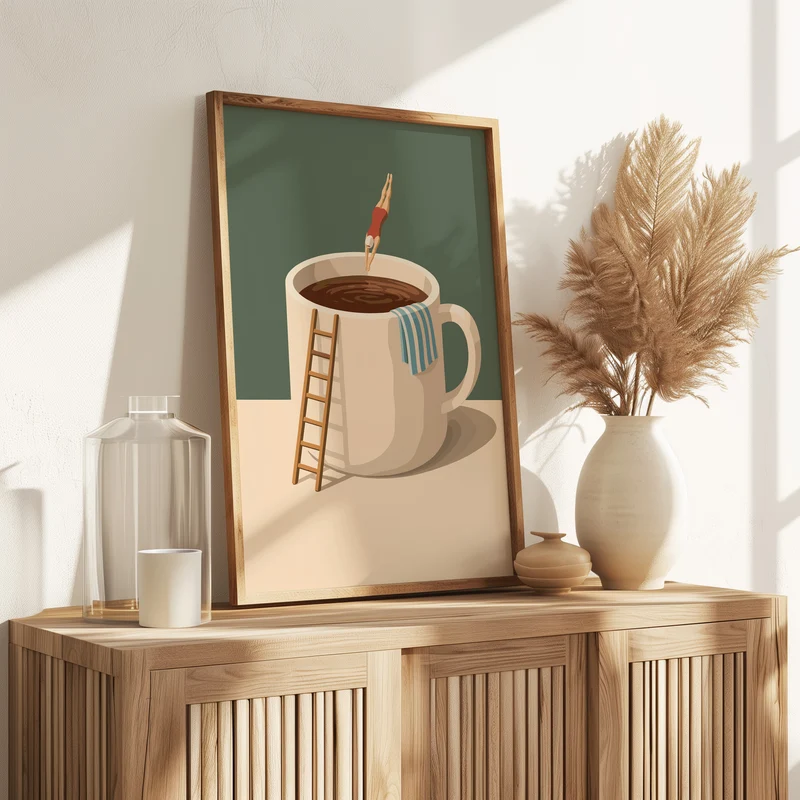 Taucher springt in Kaffeebecher - Lustiges Küchen Poster - Modernes Wohndekor Esszimmer