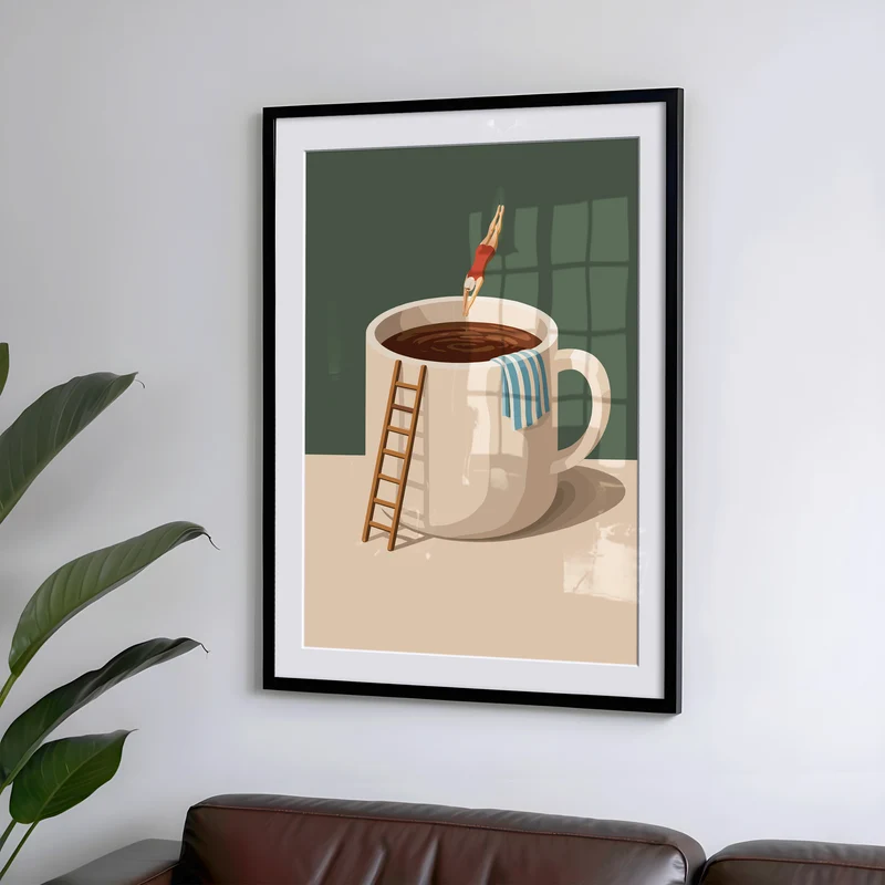 Taucher springt in Kaffeebecher - Lustiges Küchen Poster - Modernes Wohndekor Esszimmer