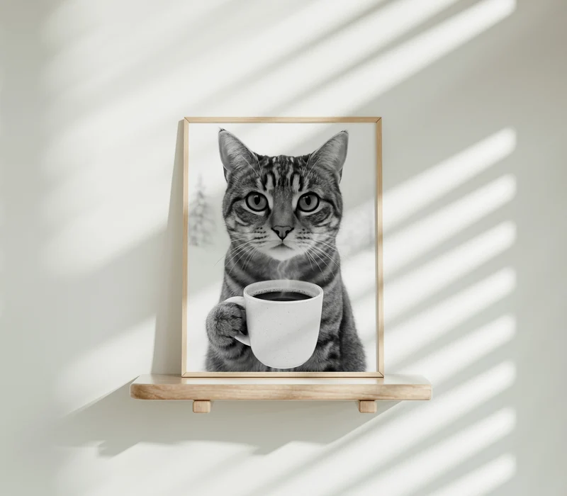 Poster Katze trinkt Kaffee – Lustiges Katzen Print Wandbild in Schwarz-Weiß