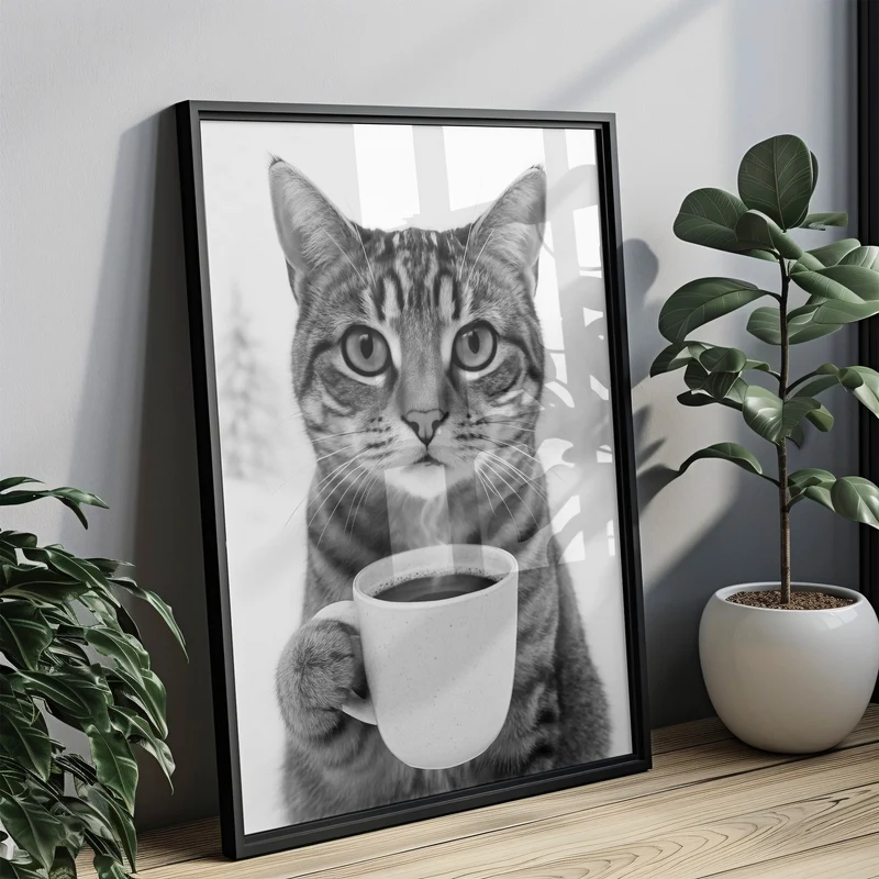 Poster Katze trinkt Kaffee – Lustiges Katzen Print Wandbild in Schwarz-Weiß