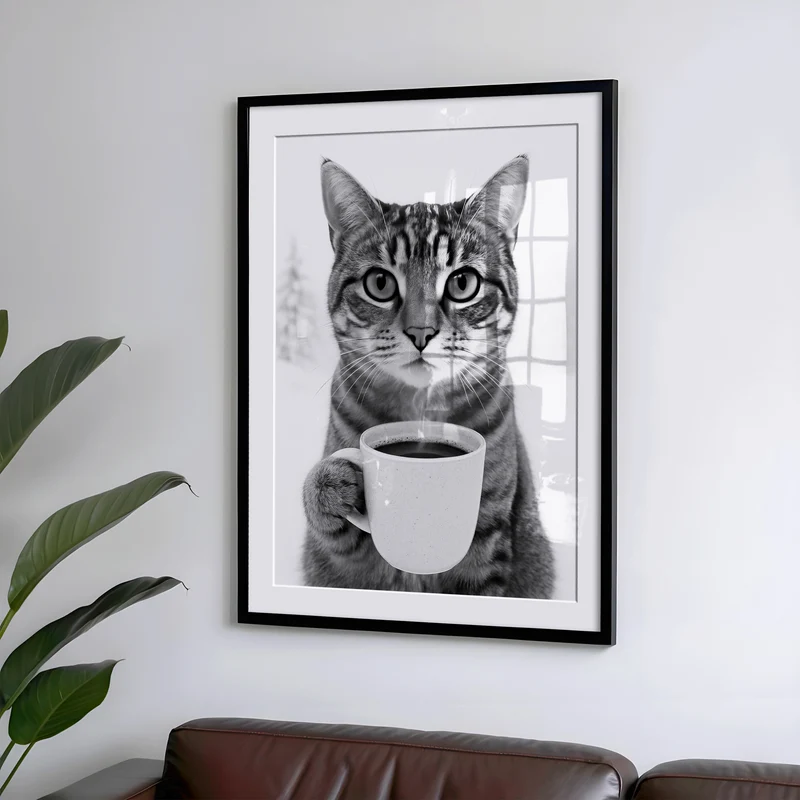 Poster Katze trinkt Kaffee – Lustiges Katzen Print Wandbild in Schwarz-Weiß