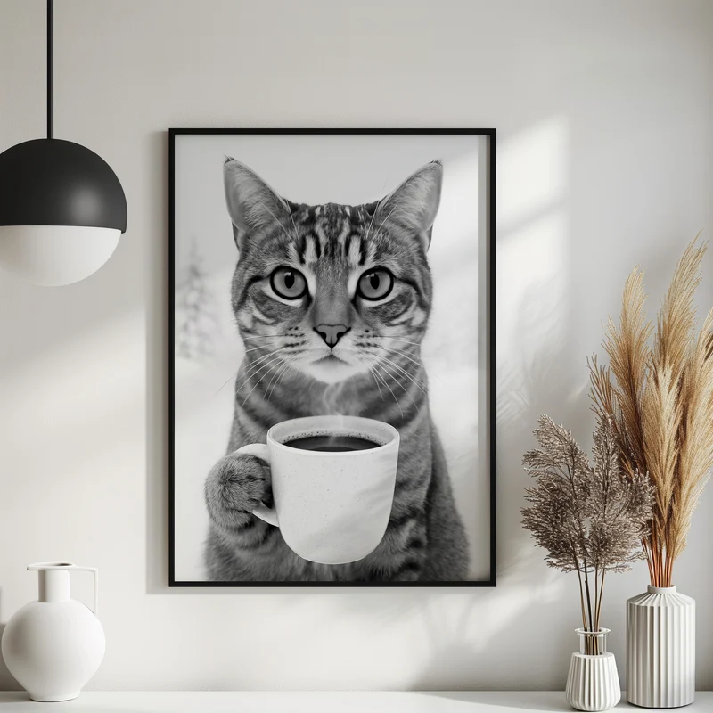 Poster Katze trinkt Kaffee – Lustiges Katzen Print Wandbild in Schwarz-Weiß